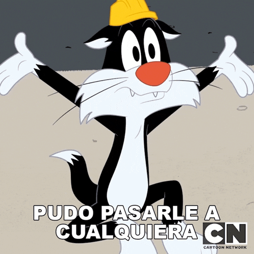 sylvester from looney tunes is wearing a yellow hard hat and says pudo pasarle a cualquiera cn