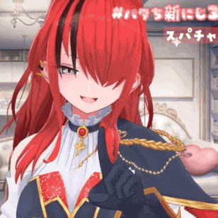 a girl with red hair is wearing a black and gold outfit
