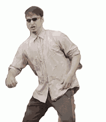 a man in a shirt and sunglasses is dancing on a white background .
