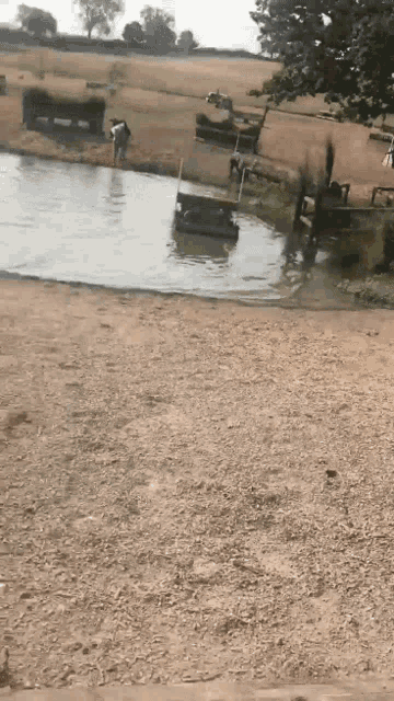 a person is standing next to a body of water with a boat in it .