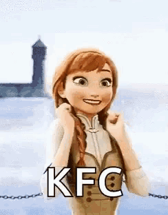 anna from frozen is standing in front of a body of water with a lighthouse in the background and says kfc .