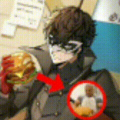 a man in a mask is eating a hamburger with a red arrow pointing to a person in the background