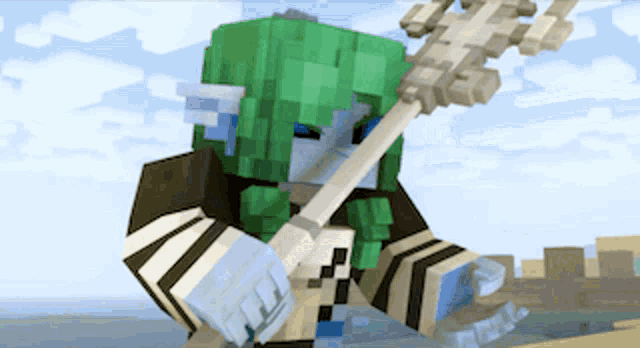 a minecraft character with green hair is holding a long stick