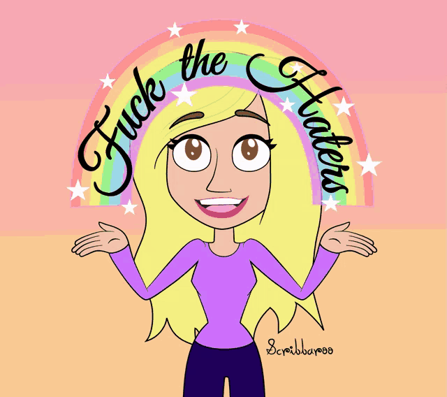 a cartoon girl with a rainbow in the background and the words fuck the haters
