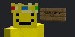 a minecraft character with a sign that says please help us