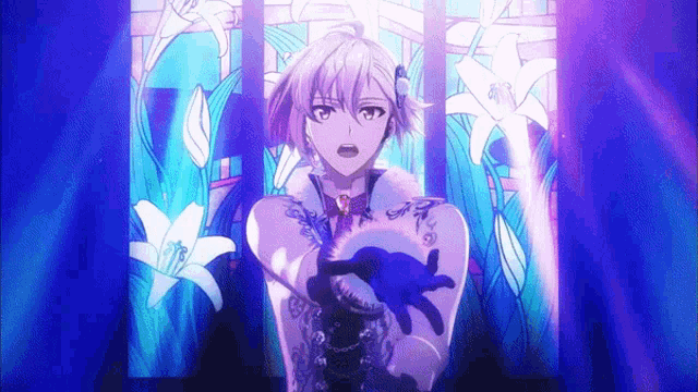 a cartoon character stands in front of a stained glass window with white lilies