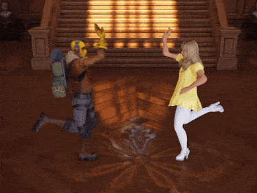 a woman in a yellow dress is dancing with a man in a green mask