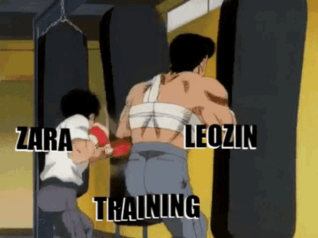 a cartoon of a man hitting a punching bag with the words zara and leozin written on it .