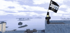 a black flag that says supreme is flying in the wind
