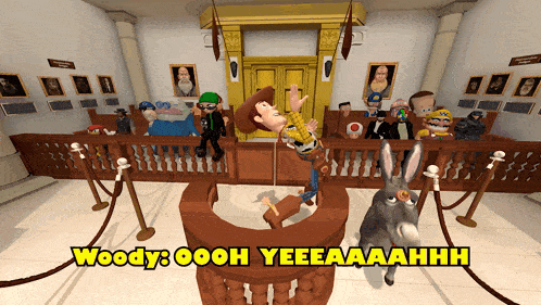 a cartoon of woody and a donkey in a courtroom with the words woody ooh yeeeaaahhh