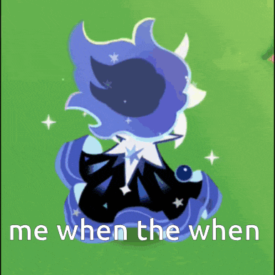 a blue and white cookie with the words me when the when written below it