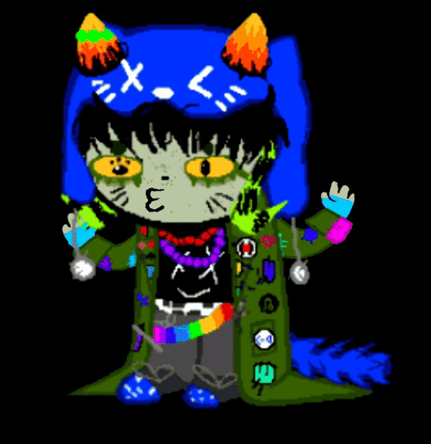 a drawing of a cat with a blue hat that says ' x-x-x ' on it