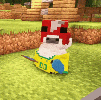 a cow is wearing a yellow shirt and a red hat in a minecraft world .