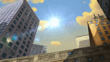a cartoon drawing of a city with the sun shining through the buildings