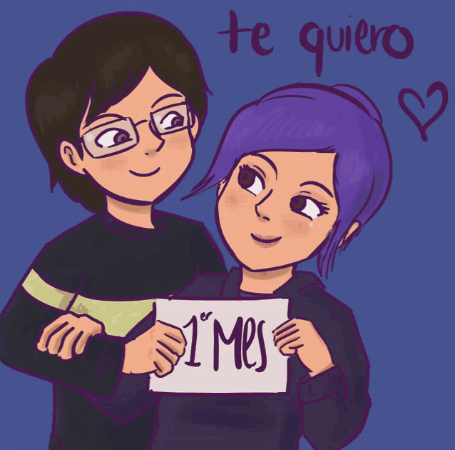a drawing of a couple holding a sign that says 1 mes