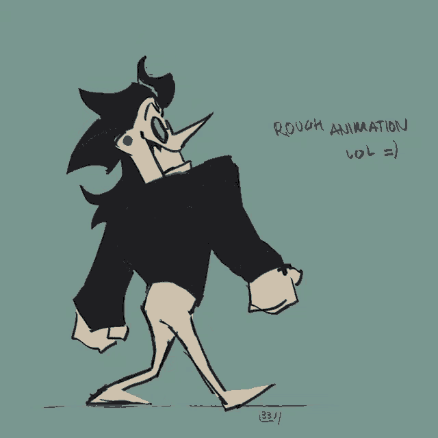 a drawing of a cartoon character with the words " rough animation lol " written below it