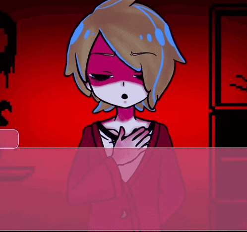 a cartoon drawing of a girl with a red face and blue hair