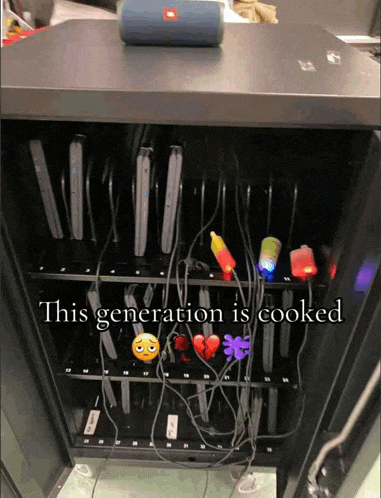 a jbl speaker sits on top of a vending machine that says this generation is cooked on it