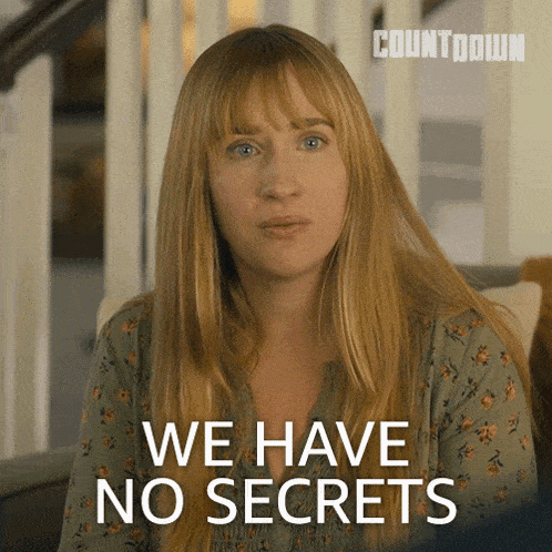 a woman sitting on a couch with the words we have no secrets behind her