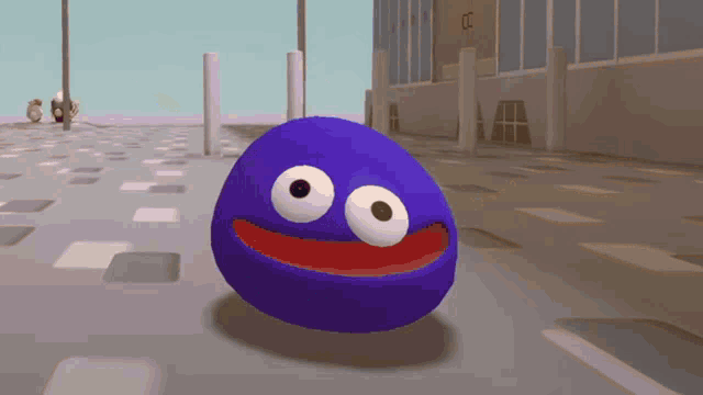 a cartoon character with big eyes and a red mouth is walking down a street