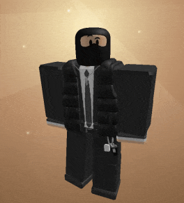 a roblox character wearing a suit and tie with a mask on his face