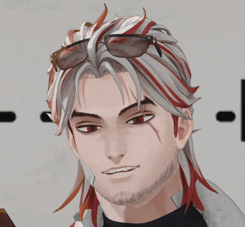a close up of a man 's face with red eyes and white hair