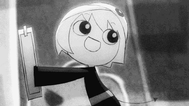 a black and white cartoon character is holding a piece of paper .