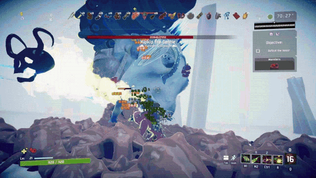 a screenshot of a video game shows a monster with the objective of destroying the world