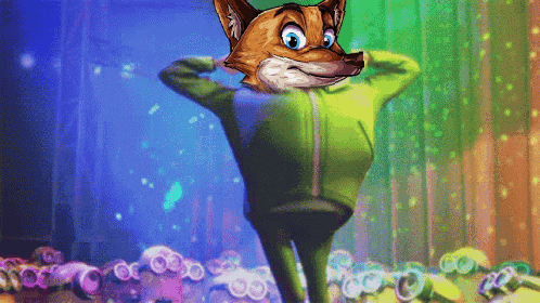 a cartoon fox wearing a green jacket is standing in front of a crowd of minions