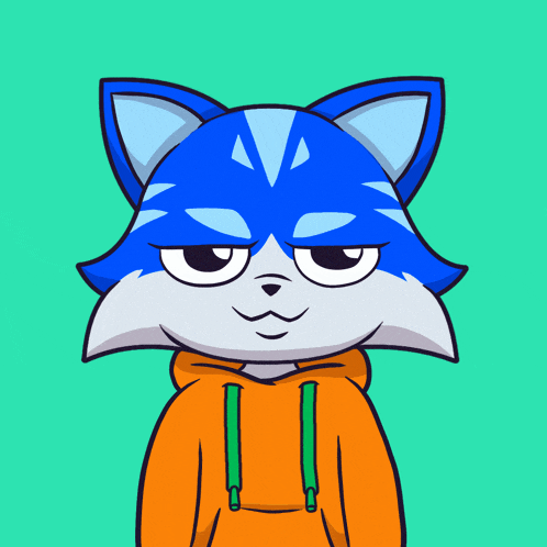 a cartoon of a blue cat sticking its tongue out