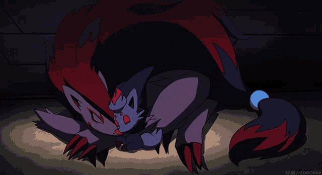 a drawing of a pokemon with the name sassy-zoroark on the bottom right