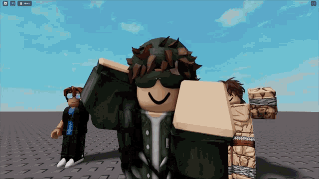 two roblox characters are standing next to each other with one wearing a mask