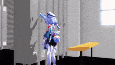 a cartoon character is standing in a locker room with a yellow bench