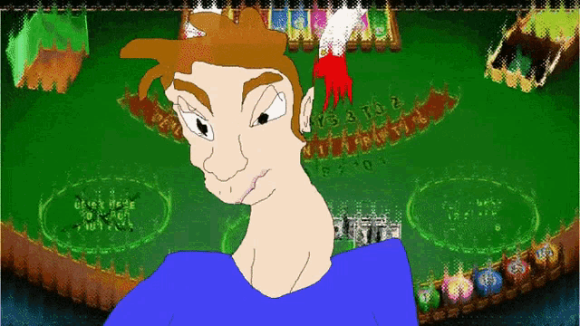 a cartoon of a man standing in front of a roulette table with the number 3 on it