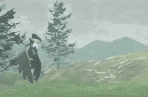 a bird is flying over a grassy field in a video game .