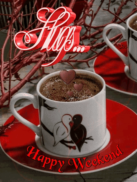 a cup of coffee on a saucer with the words happy weekend written on it