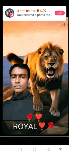 a phone screen shows a man and a lion and says royal on the bottom