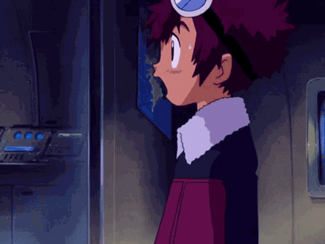 a cartoon character with a surprised look on his face is standing in front of a control panel