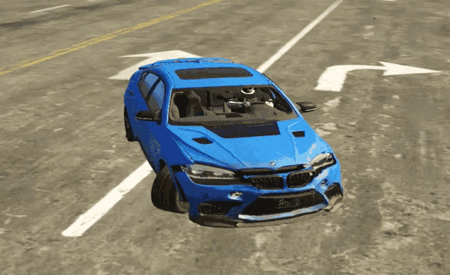 a blue bmw is parked on the side of the road in a video game