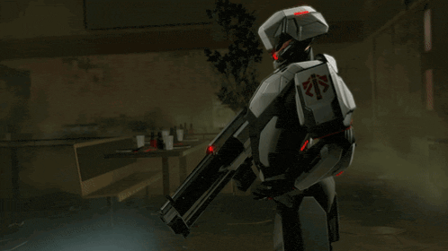 a robot is holding a large gun with the number 21 on it