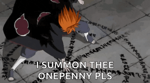 a cartoon of a person with red hair and the words " i summon thee onepenny pls "