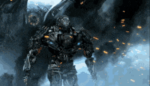a robot is standing in the middle of a smokey sky
