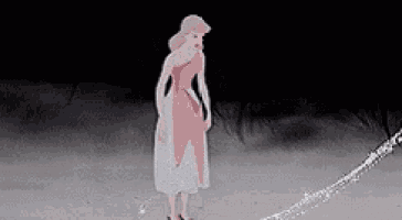 a cartoon of a woman in a pink dress standing next to a wand .