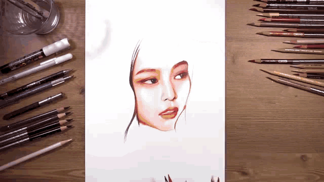 a drawing of a woman 's face is surrounded by colored pencils and markers