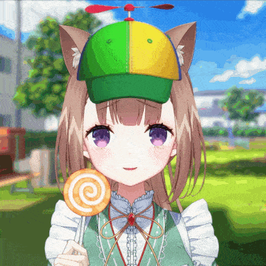 a girl wearing a hat with a propeller on top of it