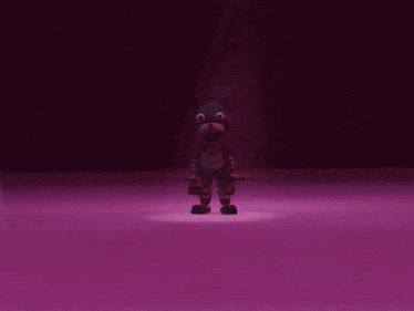 a stuffed animal is standing in a purple room