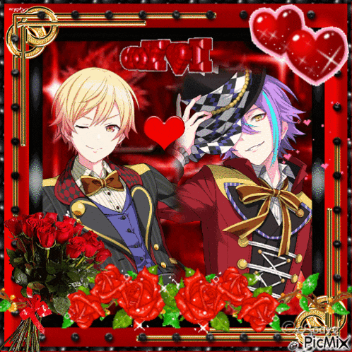 a picture of two anime characters with roses and hearts with picmix written in the corner
