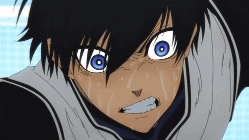 a close up of a cartoon character with blue eyes