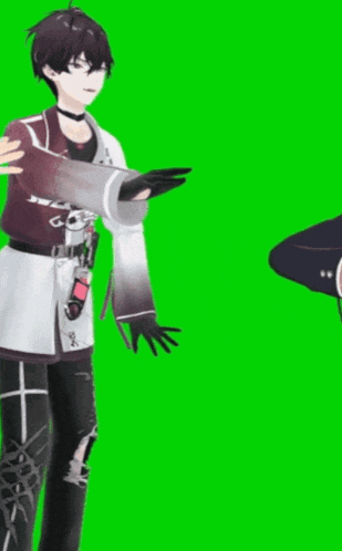 a 3d anime character is standing in front of a green screen and holding something in his hands .