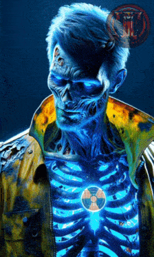 a painting of a skeleton with a nuclear symbol on his chest